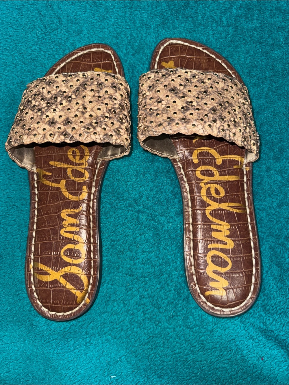 Sam Edelman Taupe Woven Slide Mules with Stud Accents